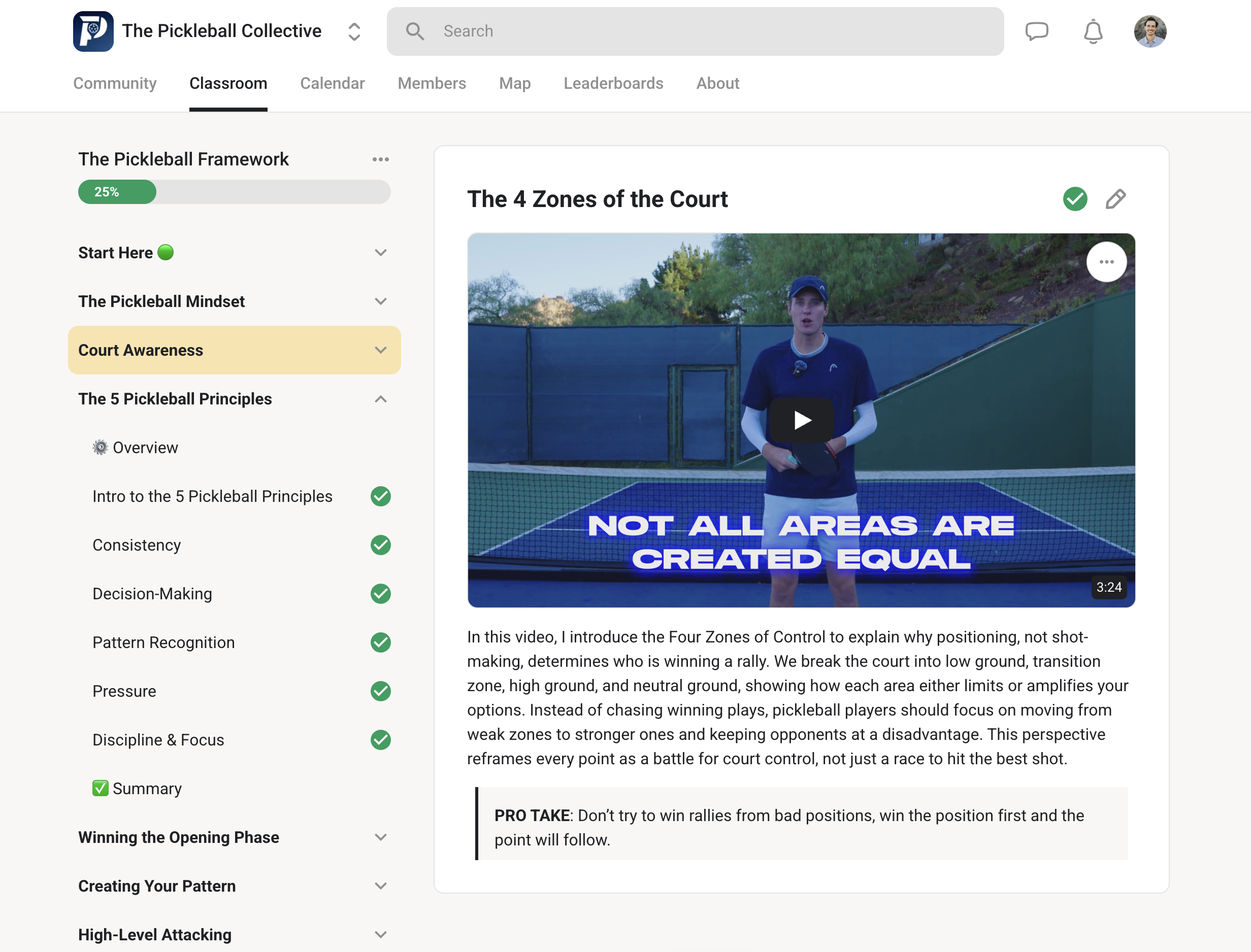 Course dashboard interface showing modules and progress so buyers see what they get