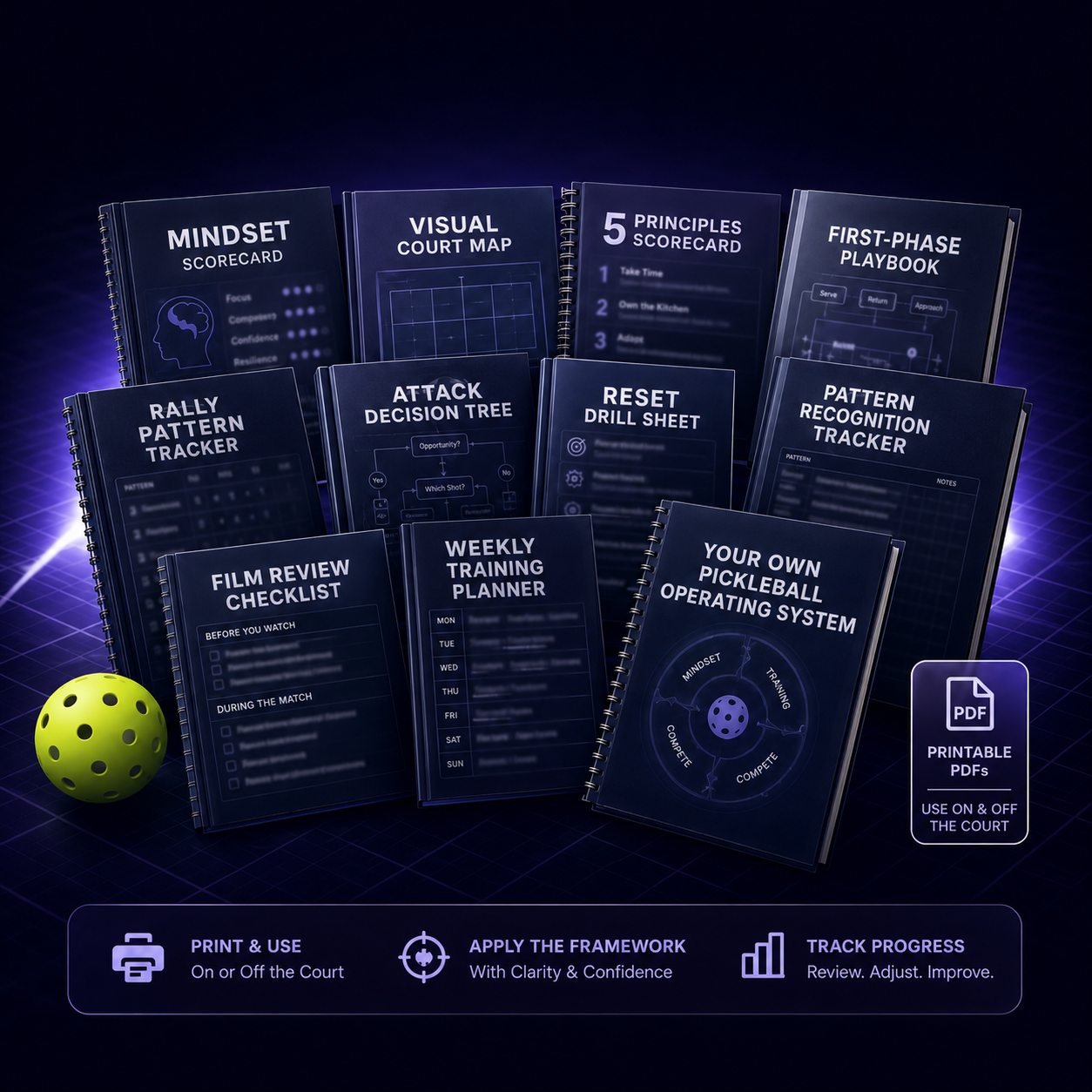 Printable playbooks and trackers shown as tangible deliverables